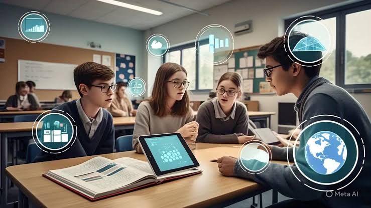 Ilustrasi masa depan pendidikan dengan siswa belajar menggunakan teknologi digital
